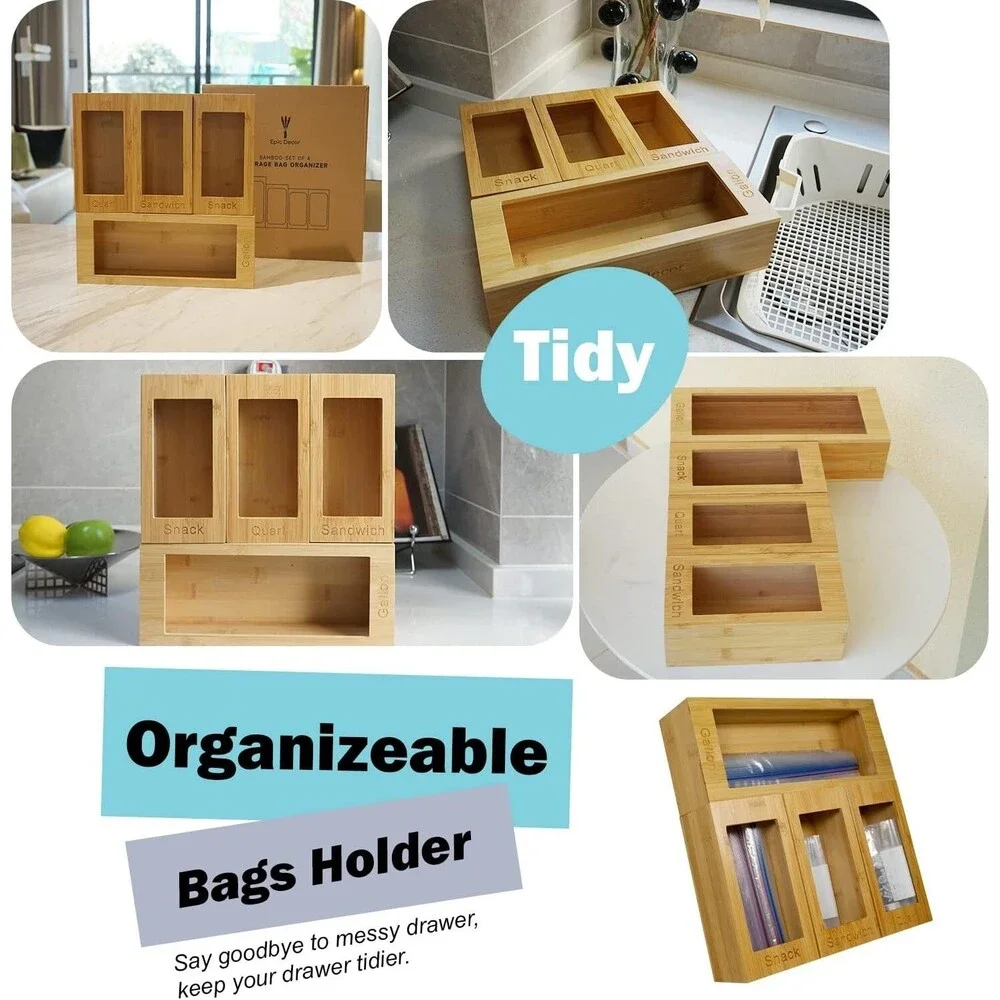 Bamboo Ziplock Bag Storage Organizer - 4 Separate Food Storage Bag Organizer
